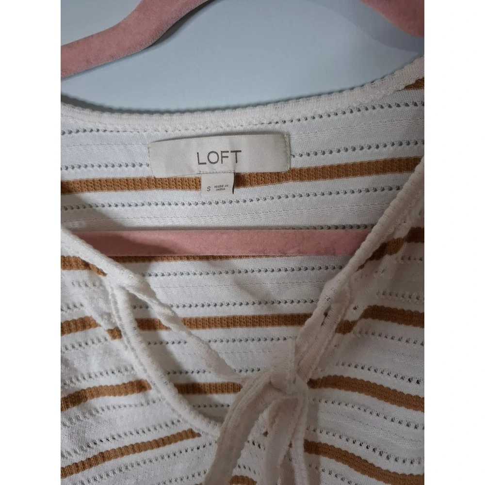 LOFT Striped Puff Sleeve Tie Front Cotton Pointelle Top White Tan Small